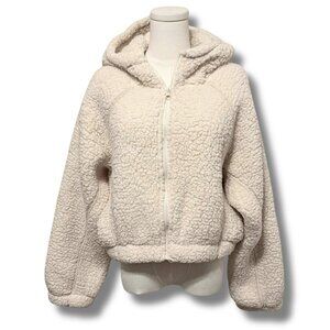 Wild Fable Cropped Sherpa Fleece Hoodie Jacket | Size M/L | Cream Ivory Faux Fur